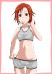  1girl adjusting_hair boxer_briefs cnt_ryu hair_ornament hairclip hino_akane mound_of_venus mouth_hold precure red_eyes redhead smile_precure! solo sports_bra sweatdrop 