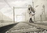  1girl 456 boots coat dress fence hand_in_hair leaf long_hair original railroad_tracks solo tagme very_long_hair 