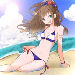  1girl beach bikini bracelet brown_hair clouds green_eyes high_ponytail hino_akane_(idolmaster) idolmaster idolmaster_cinderella_girls jewelry legs long_hair midriff navel ocean open_mouth scrunchie side-tie_bikini sitting sky smile solo striped striped_bikini striped_swimsuit swimsuit yayakoshiya 