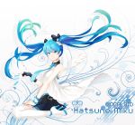  1girl 2014 blue_eyes blue_hair boots character_name copyright_name dated fingerless_gloves floating_hair gloves hatsune_miku high_heels highres iso1206 long_hair necktie sitting skirt solo thigh-highs thigh_boots twintails very_long_hair vocaloid wings 