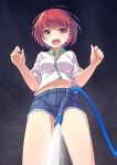  blueberry_(5959) denim denim_shorts emphasis_lines from_below highres navel open_mouth original red_eyes redhead short_hair shorts tears water water_hose 