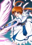  1girl blush brown_hair diesel-turbo dress energy_wings feathers female gauntlets glowing long_hair lyrical_nanoha magical_girl mahou_shoujo_lyrical_nanoha mahou_shoujo_lyrical_nanoha_a&#039;s mahou_shoujo_lyrical_nanoha_the_movie_2nd_a&#039;s open_mouth puffy_sleeves raising_heart solo staff takamachi_nanoha twintails violet_eyes wings 