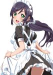  1girl alternate_costume apron blush breasts curtsey dress enmaided green_eyes long_hair looking_at_viewer love_live!_school_idol_project maid maid_headdress open_mouth purple_hair smile solo tetsujin_momoko toujou_nozomi twintails 