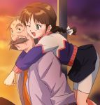  1boy 1girl amano_haruka amano_hiroshi bike_shorts black_eyes braid brown_hair facial_hair female green_eyes haruyama_kazunori hug hug_from_behind long_hair male mustache open_mouth short_hair skirt sunset taiyou_no_yuusha_fighbird wink yuusha_series 