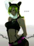  1girl black_hair braid chain chained copyright_name double_bun eeeeaaaa gradient gradient_background green_eyes green_hair half_updo heart highres jojo_no_kimyou_na_bouken kuujou_jolyne lipstick long_hair looking_at_viewer makeup midriff multicolored_hair navel pants ponytail shirt smile solo stand_(jojo) stone_free tattoo two-tone_hair white_background 