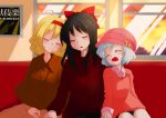  3girls alice_margatroid hakurei_reimu holding_hands kameyan multiple_girls remilia_scarlet sleeping smile touhou train train_interior 