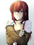  1girl arcsinus blue_eyes blush brown_hair crossed_arms jacket long_hair makise_kurisu necktie open_shirt solo steins;gate 