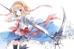  1girl alice_margatroid alternate_costume armor ascot black_legwear blue_eyes cierra_(ra-bit) hairband lolita_hairband puffy_sleeves scythe shirt short_sleeves simple_background skirt solo thighhighs touhou white_background zettai_ryouiki 