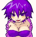  1girl barbara_bat blush_stickers breasts cleavage daigasso!_band_brothers earrings feather_boa humanization jewelry large_breasts lipstick lowres makeup purple_hair short_hair solo violet_eyes 