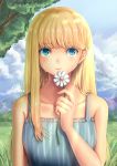  1girl blonde_hair blue_eyes clouds collarbone crying crying_with_eyes_open flower grass highres holding holding_flower long_hair moda mountain one_piece payot sleeveless smile solo tears tree yumiyokiak 