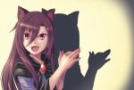  1girl animal_ears brooch brown_hair dress fang imaizumi_kagerou jewelry long_hair long_sleeves looking_at_viewer moss_(sphere211) open_mouth red_eyes shadow_puppet smile solo touhou wolf_ears 