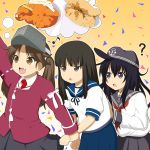  3girls ? akatsuki_(kantai_collection) arm_hug black_hair blue_eyes brown_eyes brown_hair fang food grey_eyes hand_on_another&#039;s_back hat hatsuyuki_(kantai_collection) kantai_collection long_hair miicha multiple_girls musical_note neckerchief open_mouth ryuujou_(kantai_collection) school_uniform serafuku skirt smile tempura twintails wrist_grab 