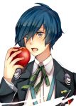  ai-wa apple arisato_minato blue_eyes blue_hair food fruit hair_over_one_eye headphones male open_mouth persona persona_3 school_uniform short_hair solo yuuki_makoto 