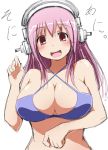  1girl bikini_top blush breasts earth_ekami headphones large_breasts looking_at_viewer nitroplus open_mouth pink_eyes pink_hair simple_background sketch smile super_sonico white_background 