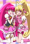  2girls aida_mana aino_megumi arm_warmers bike_shorts blonde_hair boots bow choker color_connection cure_heart cure_lovely curly_hair dokidoki!_precure dress earrings futa-futa hair_ornament half_updo happinesscharge_precure! heart heart_hair_ornament heart_hands heart_hands_duo jewelry knee_boots kneeling long_hair magical_girl multiple_girls pink_dress pink_eyes pink_hair ponytail precure ribbon shorts_under_skirt skirt smile symmetry thigh-highs white_legwear wink 