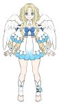  1girl angel_wings barefoot blonde_hair blue_eyes blue_neckwear blue_ribbon closed_mouth dress eyebrows_visible_through_hair feathered_wings firo_(tate_no_yuusha_no_nariagari) floating_hair full_body hair_intakes karashi_minamin long_hair looking_at_viewer off-shoulder_dress off_shoulder ribbon shiny shiny_hair short_dress simple_background sketch smile solo standing tate_no_yuusha_no_nariagari very_long_hair white_background white_dress white_legwear white_wings wings 