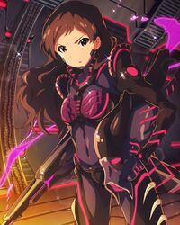  1girl artist_request bodysuit brown_eyes brown_hair gun headwear_removed helmet helmet_removed idolmaster idolmaster_million_live! kitazawa_shiho official_art rifle weapon 