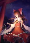  1girl ascot bow brown_hair detached_sleeves facing_away glowing gohei hair_bow hair_tubes hakurei_reimu light_smile long_hair looking_down midriff night outdoors payot petticoat ponytail red_eyes shuang_ye skirt skirt_set sky solo star_(sky) starry_sky torii touhou tree wind 