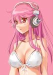  1girl bikini blush headphones katahira_masashi long_hair nitroplus pink_eyes pink_hair smile solo super_sonico swimsuit 