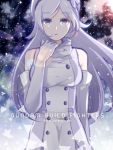  1girl aila_jyrkiainen bare_shoulders breasts character_name collar_tug copyright_name dress elbow_gloves fur_trim gloves gundam gundam_build_fighters hat long_hair mo2ica silver_hair solo violet_eyes 