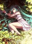  1girl closed_eyes dress green_hair hatsune_miku long_hair lying on_side sishenfan sleeping solo very_long_hair vocaloid 