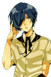  arisato_minato blue_eyes blue_hair hair_over_one_eye headphones highres male persona persona_3 school_uniform short_hair simple_background solo yuuki_makoto 