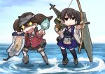  +_+ 2girls arrow black_hair bow_(weapon) brown_hair flat_gaze kaga_(kantai_collection) kantai_collection lowres matsuryuu multiple_girls muneate personification ryuujou_(kantai_collection) scroll side_ponytail skirt standing_on_water thighhighs twintails visor_cap water weapon 