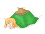  &gt;_&lt; 1girl blonde_hair hair_ribbon hat iwari_(kerokeroboushi) kotatsu moriya_suwako pyonta ribbon smile solo table touhou 