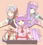  3girls apron ascot bat_wings bow bow_(instrument) braid cello closed_eyes crescent_hair_ornament double_bun dress eyelashes fangs fingernails hair_bow hair_ornament hat hat_ribbon head_tilt instrument izayoi_sakuya keyboard_(instrument) lavender_hair long_hair looking_at_viewer maid_headdress mob_cap multiple_girls open_mouth patchouli_knowledge payot peroncho pink_background puffy_short_sleeves puffy_sleeves purple_hair red_eyes remilia_scarlet ribbon robe sash short_hair short_sleeves silver_hair simple_background skirt skirt_set striped striped_dress touhou twin_braids very_long_hair violet_eyes violin waist_apron wings wrist_cuffs 