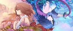  2girls blue_eyes brown_hair diamond_dust dual_persona final_fantasy final_fantasy_x final_fantasy_x-2 flower highres multiple_girls profile rotational_symmetry short_hair upside-down yuna 