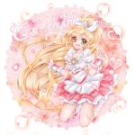  1girl blonde_hair boots bow brooch character_name choker copyright_name cure_rhythm evelyn_(shinshu_k) frills green_eyes hair_bow heart jewelry jumping knee_boots long_hair magical_girl minamino_kanade pink_background precure puffy_sleeves skirt smile solo suite_precure wrist_cuffs 