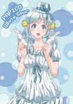  1girl blue_eyes bottle dress hair_ornament highres kinoebi open_mouth original ribbon solo tagme translation_request twintails white_hair 