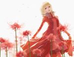  1girl blonde_hair coat drag-on_dragoon dress flower manah petals red_coat red_dress red_eyes simple_background spider_lily tanatatatan 