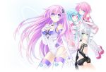  4girls black_sister blue_eyes blue_hair bodysuit choujigen_game_neptune choujigen_game_neptune_mk2 drill_hair elbow_gloves gloves green_eyes hair_ornament multiple_girls pink_eyes pink_hair purple_hair purple_sister symbol-shaped_pupils thighhighs tsunako white_hair white_sister_ram white_sister_rom 