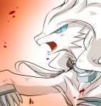  angry blood blue_eyes dragon gradient gradient_background koyashaka open_mouth pokemon pokemon_(creature) red_background reshiram tagme white_hair 