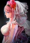  1girl blue_eyes breasts bridal_veil cleavage dress elbow_gloves gloves hairband highres large_breasts long_hair megurine_luka okingjo pink_hair profile simple_background solo veil vocaloid wedding_dress white_dress white_gloves 