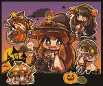  5girls animal_ears bat black_hair blue_eyes brown_hair candle cape cat_ears cat_paws cat_tail chibi closed_eyes cup detached_sleeves fang ghost glasses hairband halloween haruna_(kantai_collection) hat hiei_(kantai_collection) jack-o&#039;-lantern japanese_clothes kantai_collection kirishima_(kantai_collection) kongou_(kantai_collection) multiple_girls nontraditional_miko open_mouth paws personification pumpkin_hat red_eyes reimu9 shinkaisei-kan silver_hair tail teacup thigh-highs turret wand wide_sleeves witch_hat wo-class_aircraft_carrier 