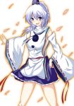  1girl bare_shoulders blue_eyes detached_sleeves hand_on_hip hat japanese_clothes mononobe_no_futo naba_(take_tonbo) petals silver_hair solo tate_eboshi touhou wide_sleeves 