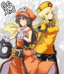  2girls anchor belt belt_buckle blonde_hair blue_eyes breasts brown_hair fingerless_gloves fur_hat gloves guilty_gear guilty_gear_xrd hat jacket long_hair may_(guilty_gear) millia_rage multiple_girls orange_eyes pantyhose pirate_hat skull_and_crossbones smile ushanka weapon whitesesame 