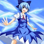  1girl blue_eyes blue_hair bow cirno hair_bow ice ice_wings naba_(take_tonbo) open_mouth short_hair solo touhou wings wink 