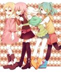  4boys afuro_terumi androgynous belt blonde_hair blue_hair boots brown_eyes closed_eyes crossdressinging fubuki_shirou green_eyes hair_over_one_eye heart hug hug_from_behind inazuma_eleven inazuma_eleven_(series) inazuma_eleven_go junekun kazemaru_ichirouta kirino_ranmaru long_hair male multiple_boys pink_hair ponytail red_eyes skirt thigh_boots thighhighs time_paradox trap twintails 