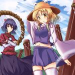 2girls blonde_hair bow crossed_arms hair_bow hair_ornament long_skirt moriya_suwako multiple_girls naba_(take_tonbo) navel purple_hair red_eyes skirt thighhighs touhou white_legwear yasaka_kanako yellow_eyes