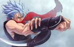  1boy arm_blade chipp_zanuff guilty_gear kote muscle ninja red_eyes red_scarf ryuga_(balius) scarf silver_hair sleeveless solo spiky_hair weapon 