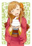  1girl :d ^_^ akeome brown_hair closed_eyes food fruit holding_animal japanese_clothes kagami_mochi kawai_makoto kimono mandarin_orange new_year open_mouth original smile snake solo sweatdrop 