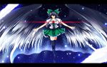  1girl bird_wings black_hair black_legwear black_wings bow cape closed_eyes glowing glowing_eye hair_bow highres letterboxed nekominase outstretched_arms puffy_sleeves reiuji_utsuho short_sleeves solo thighhighs third_eye touhou walking wings zettai_ryouiki 