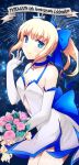  1girl ahoge alternate_hairstyle anniversary arisu_shiria bare_shoulders blonde_hair blue_eyes blush bouquet bow breasts cleavage dress elbow_gloves fate/stay_night fate_(series) flower gloves hair_bow ponytail saber smile solo type-moon 