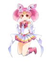  1girl bishoujo_senshi_sailor_moon boots bow brooch chibi_usa choker clenched_hand double_bun elbow_gloves gloves hair_ornament hairpin jewelry jumping knee_boots magical_girl pink_hair pleated_skirt red_eyes ribbon sailor_chibi_moon sailor_collar short_hair skirt smile solo super_sailor_chibi_moon tiara twintails white_background white_gloves yostxxx 
