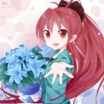  1girl 2013 aoi_(pixiv2498037) artist_name dated fangs flower highres long_hair looking_at_viewer mahou_shoujo_madoka_magica open_mouth outstretched_hand ponytail red_eyes redhead sakura_kyouko solo tagme 