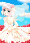  1girl :o alternate_costume bare_shoulders blue_eyes blue_sky bow bridal_veil bride clouds dress elbow_gloves eyelashes flower from_behind gloves hair_flower hair_ornament highres konpaku_youmu looking_at_viewer looking_over_shoulder mochinya21 petals red_rose rose short_hair silver_hair sky solo strapless_dress touhou veil wedding_dress wind 