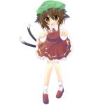  1girl animal_ears brown_eyes brown_hair cat_ears cat_tail chen fang highres hisame_(nekousatan) paw_pose solo tail touhou white_background 
